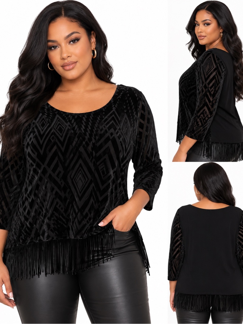 Style & Co Black Velvet Burnout Geometric Fringe Hem Top Small